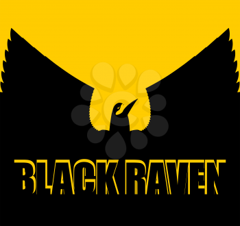 Black raven on yellow background. Big Bird. Spread wings. Silhouette Crow of  in sunset
