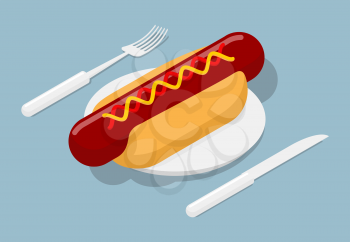 Hot dog on plate isometric. 3D fast food. Cutlery fork and knife. Kitchenware. Bun and sausage. Ketchup and mustard
