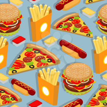 Fast food seamless pattern. Hot dog background. Juicy big hamburger. Hot french fries in paper box. Italian pizza with cheese and sausage and tomatoes. Delicious food texture
