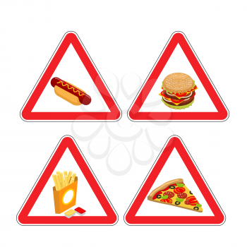 Warning sign of attention fast food. Dangers red sign hamburger. Hot dog bun with sausage and mustard in red triangle. Pizza and fries. Set of road signs against harmful food
