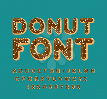 Donut font. pie alphabet. Baked in oil letters. Chocolate icing and sprinkling. Edible typography. Food lettering. Doughnut ABC