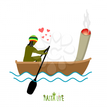 Rasta life. Rastaman and joint or spliff boating. Man and smoking drug walk along lake. Marijuana lovers and boat. Romantic illustration hemp
