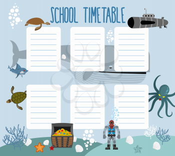 School schedule with underwater world. timetable Lesson plans all week. Shark and whale. Diver and turtle