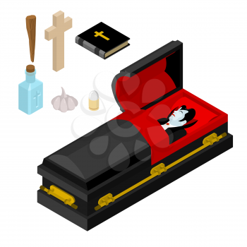 Dracula in coffin. Vampire Count in black casket. Anti vampires tools. Set for extermination and destruction of ghoul: holy water and bible. Cross and Aspen stake. Garlic and silver bullet
