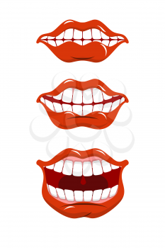 Smile lips set. Content mouth collection. Cheerful red lip and white teeth. Pleased with emotion
