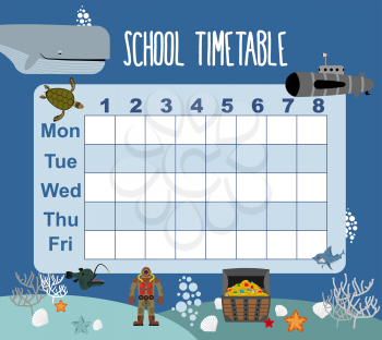 timetable. School schedule on underwater world. Days of week. sked for students. Shark and whale. Diver and turtle. Submarine and corals
