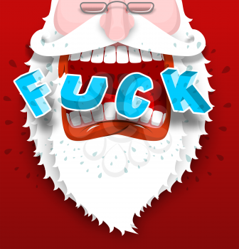 Santa Claus shouts to fuck. aggressive and angry grandfather  with big white beard. Cursing and swearing. Flying drooling. Illustration for Christmas and New Year
