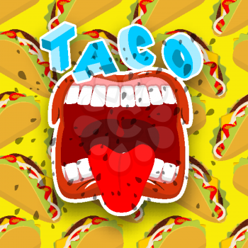 Taco acute Mexican food. Open your mouth and protruding tongue.
