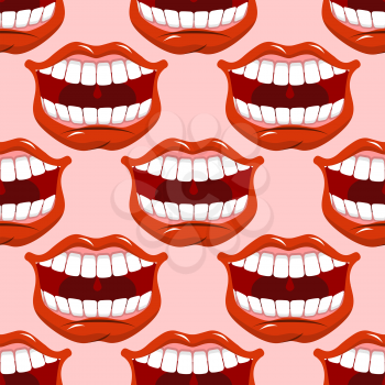 Cheerful smile lip seamless pattern. Red lips and white teeth texture. Open mouth ornament. Background fabric