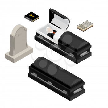 Funeral set. Dead man in coffin. Open black casket with dead. Holy Bible and hymnal. Tombstone and grave
