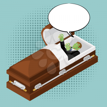 Zombies in coffin in pop art style. Green dead man in wooden shell and bubble for text. Corpse in open casket for burial. Deceased with cadaveric spots
