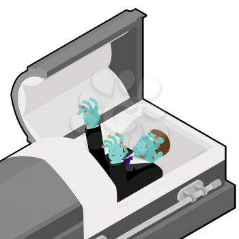 Zombie in coffin. Green dead man lying in wooden casket. Corpse in an open hearse for burial. Deceased with cadaveric spots