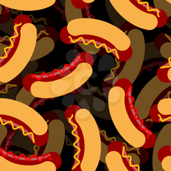 Hot dog 3D background. Fast food decoration. Texture of bun and sausage. Ketchup and mustard on sausage. Seamless food pattern
