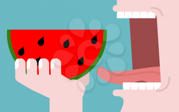 Man eating watermelon. fruit consumption. Red fresh slice of watermelon. Healthy breakfast. Open mouth with tongue and teeth. Consumption of vegetarian food
