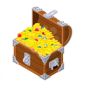 Open treasure chest isometrics. Old casket with money. Gold and precious stones ornament. Sapphires and diamonds. Coins and emeralds. Pirate Hidden Wealth
