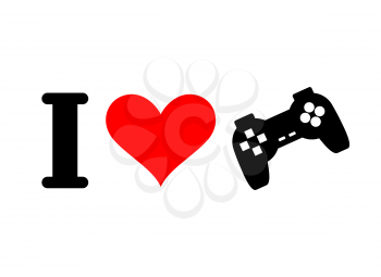 I love games. Heart and gamepad. Logo for players in console. PC Joystick. I like play computer 
