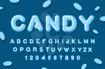Candy font. ABC of caramel. Sweet alphabet. Blue letters. Lollipops lettring
