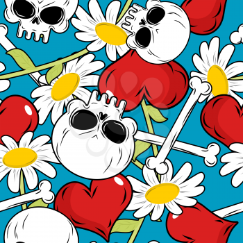Skull and love seamless patetrn. Red heart and white daisies. Flowers and bones texture. Background for Valentines day.
