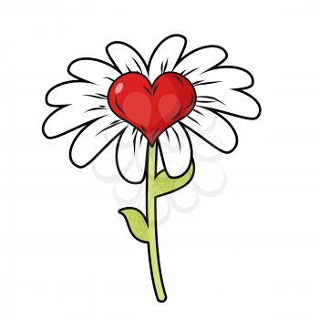 Flower of love. Red heart symbol of love and Daisy Petals. Fantastic flower field.
