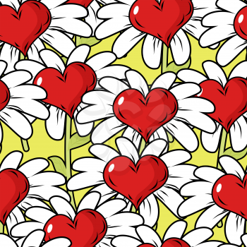 Flower of love seamless pattern. Flower meadow. Ornament from hearts and Chamomile
