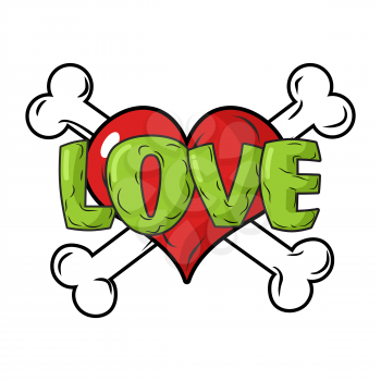 Love to death. Symbol is  red heart and crossbones. Emblem for lovers. Sign for Valentines day. 14 February.
