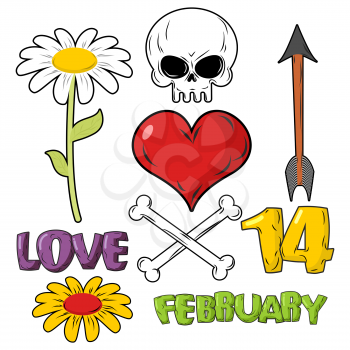Set for Valentines day. Skull and heart. Love and 14 February. Bones and arrow. Chamomile, beautiful flower. Symbols tattoo design
