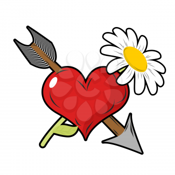 Love and flower. Red heart and arrow. Daisy field flower. Tattoo symbol of love on Valentines day.
