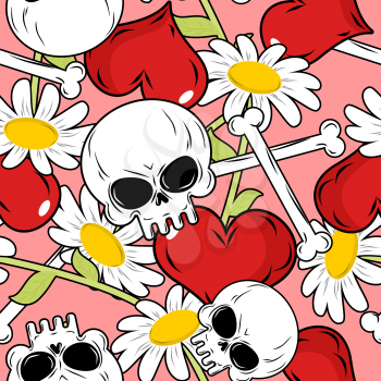 Love and death seamless pattern. Red heart and skull and Chamomile. Background for Valentines day.
