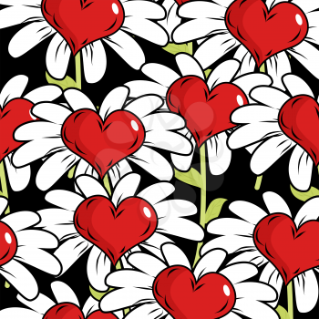 Flower of love seamless pattern. Red heart with white petals. Fantastic plant for Valentines day.
