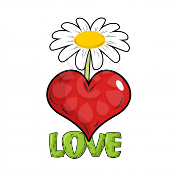 Love. Red heart and flower. Template for tattoos. White Chamomile
