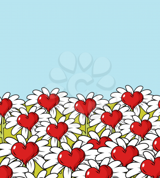 Love flower landscape. Chamomile meadow. Blue sky and red heart with white petals.
