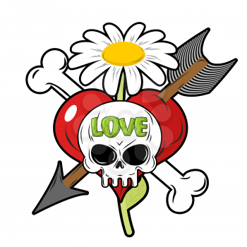 Death and love. Skull and red heart. Sign for tattoos. Chamomile and bone. Cupids arrow. Logo for lovers. Logo for Valentines day.

