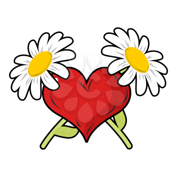 Red heart and crossbones flowers. Chamomile and love. Symbol of endless love and love. Sign for Valentines day. February 14 Valentines day.
