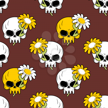 Daisy and skull seamless pattern. Symbol of death and life background. Texture to fabric.
