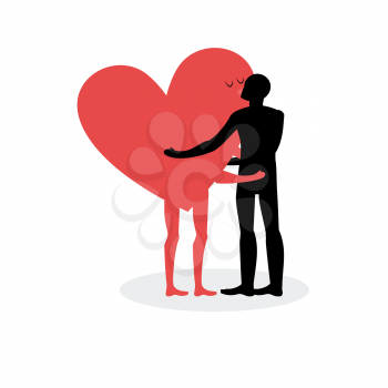 Kiss of lovers. Man hugs heart. Hot kiss on a date. In love with love. Romantic illustration for valentines day
