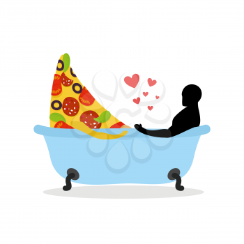 I love food. Piece of pizza and man in bath. Man and pizza is taking bath. Joint bathing. Passion feelings among lovers. Romantic illustration food wash with currency. life gourmet
