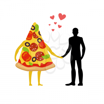 In love with pizza man. Man and slice of pizza. Lovers holding hands. Romantic meal illustration life gourmet

