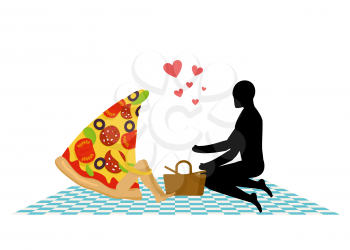 Pizza on picnic. Rendezvous in Park. piece of pizza and man. Country lovers jaunt into cash. Meal in nature. Plaid and basket for food on lawn. Man and food. Romantic meal illustration life gourmet

