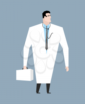 Doctor in white coat. Doc with stethoscope. Medical worker with glasses. Young man in white coat. Doctors suitcase and stethoscope. Aesculapius isolated
