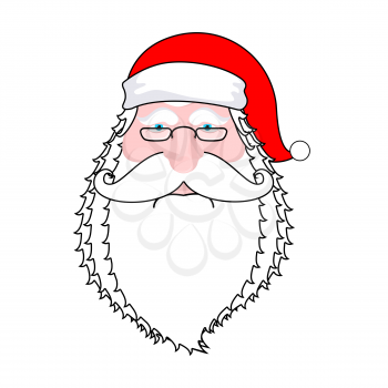 Santa face isolated. Beard and mustache. Red Hat. Christmas icon. Head of an old man on white background. Xmas template
