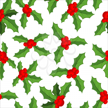 Mistletoe seamless pattern. Traditional Christmas plant background. Festive red berry with green leaf texture. Decoration folk ornament for holiday
