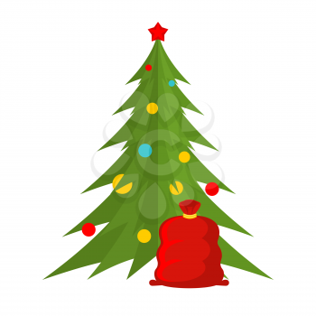 Christmas tree and Santa bag. New Year symbols. Red sack and fur-tree with star and balls.
