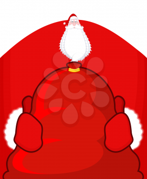 Santa Claus and red sack. Big bag with gifts. Giving gifts at Christmas. New Year illustration. xmas template
