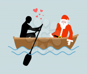 Christmas Lover. Man and Santa Claus and ride in boat. Lovers of sailing. Man rolls santa gondola. Rendezvous in boat on pond. Romantic New Year date.
