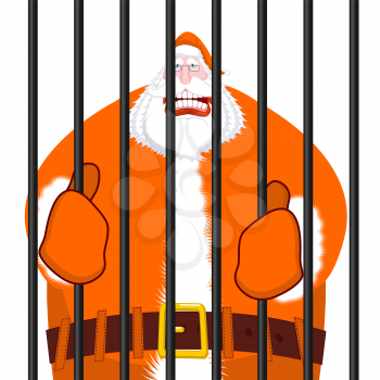 Santa Claus orange prisoner clothing. Christmas in prison. Window in prison with bars. Bad Santa criminal. New year is canceled. Jail break
