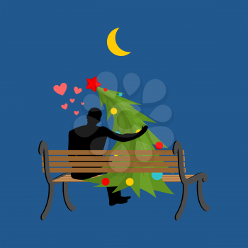 Christmas Lover. Christmas tree and man looking at moon. Date night. Man and spruce sit on bench. Month in night dark sky. Romantic New Year illustration
