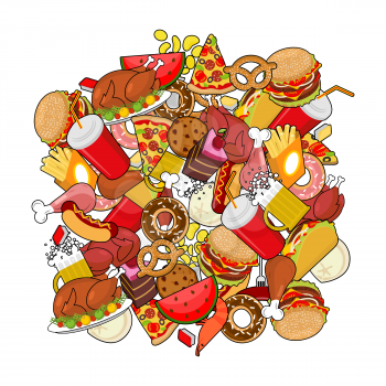 Food doodle. many feed. Pile sign of meat. Pizza and tacos. French fries and  hamburger. Hotdog and cookies. Baked turkey and watermelon. Pork and cake. Donuts and dumplings
