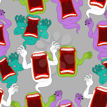 Terrible howling wraith background. Ghost seamless pattern. Monster scares ornament. spook with open mouth screams. Mysterious phantom texture
