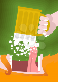 Leprechaun drinking beer. Scary Gnome reddish beard and mug of ale. Open mouth and tongue. Illustration for St. Patricks Day. National Holiday in Ireland
