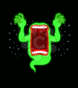 Scary ghost shouts. Horrible wraith frightening screams. Green monster with his mouth open. spook Wild howl. Mysterious phantom. Angry hungry spirit